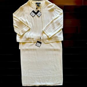 St John classic off white knit  3 pc set . Cardigan sleeveless top and skirt.